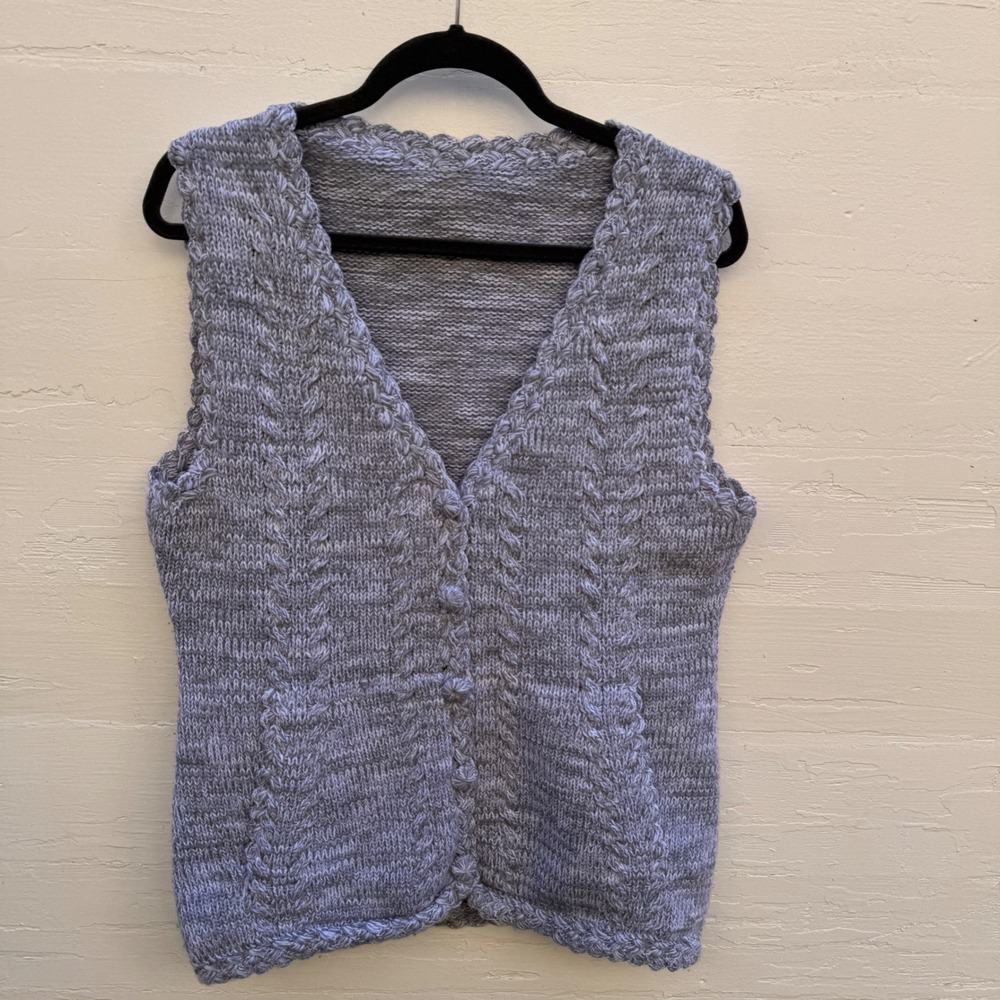 Handmade Knit Sweater Vest Medium Grey Cable Knit Scalloped Cardigan